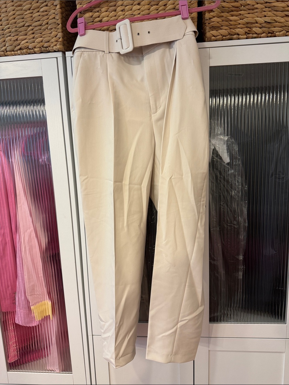 Zara Cream High-Waist Straight-Leg Pants with Belt
